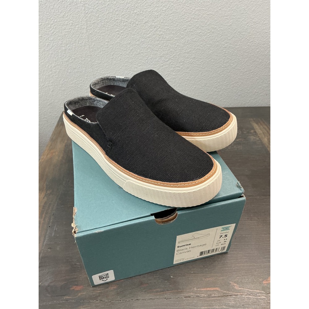 NWB TOMS Sunrise Black Heritage Canvas Slip On Platform Mule Sneakers Size 7.5